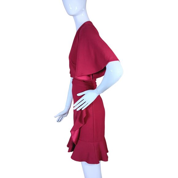 Stylestalker Overlap Dress Size Medium Burgundy Bell Sleeves V Neck Flared Trim - Picture 8 of 10